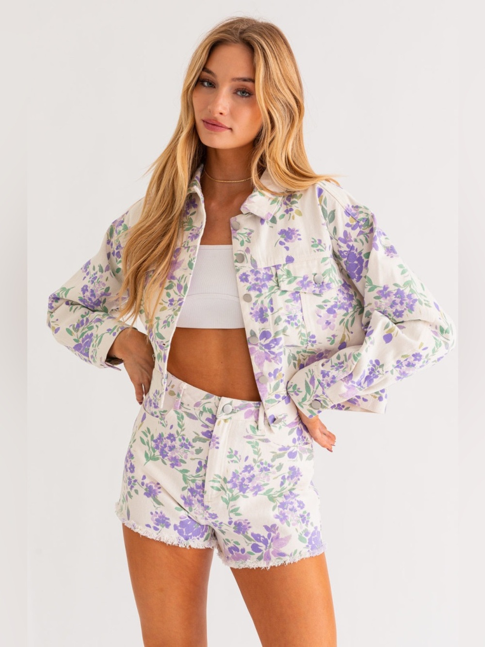 Floral Two-Piece Denim Jacket & Shorts Set - Lavender Print